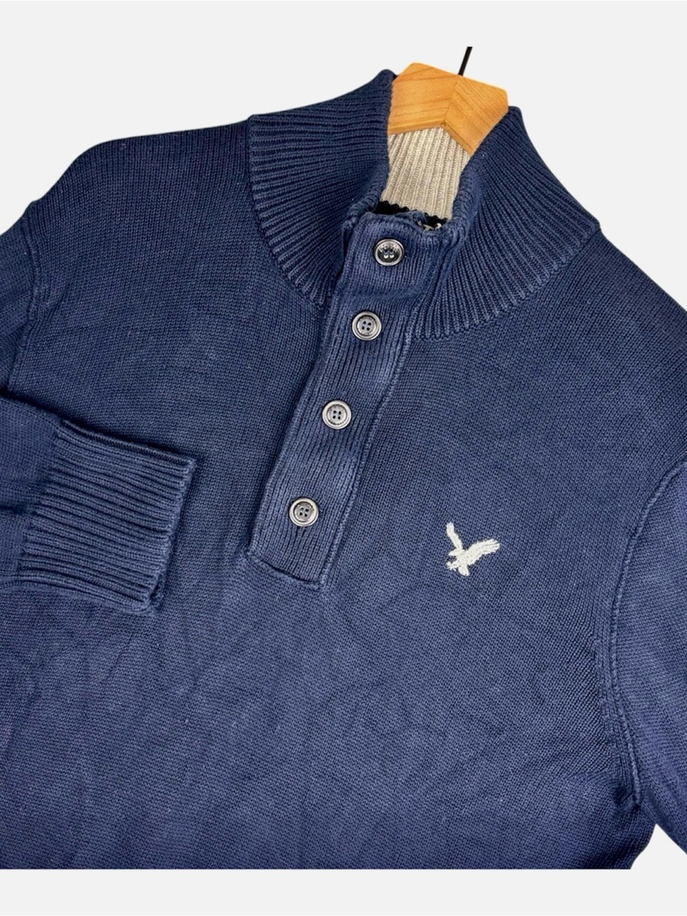 American Eagle Outfitters Sweater Mens Large Blue Mock Neck Henley Classic Fit